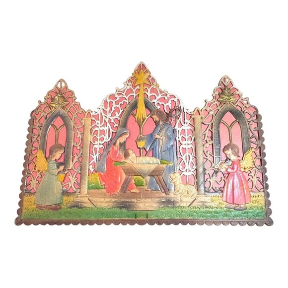 Vtg Western Germany Triptych Pressed Paper Cardboard Christmas Nativity Scene - Picture 1 of 7